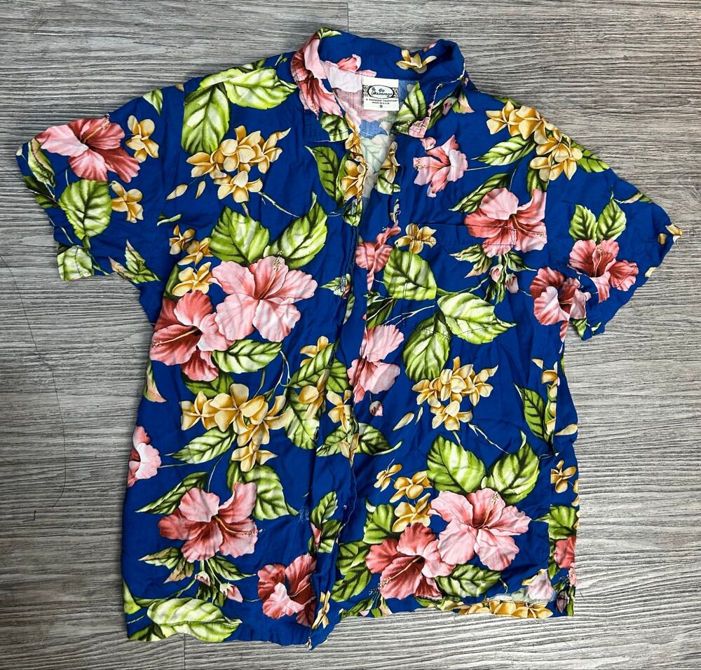 VTG Go Barefoot Hawaiian Shirt Small USA Made Blue Hibiscus Floral Floral Aloha